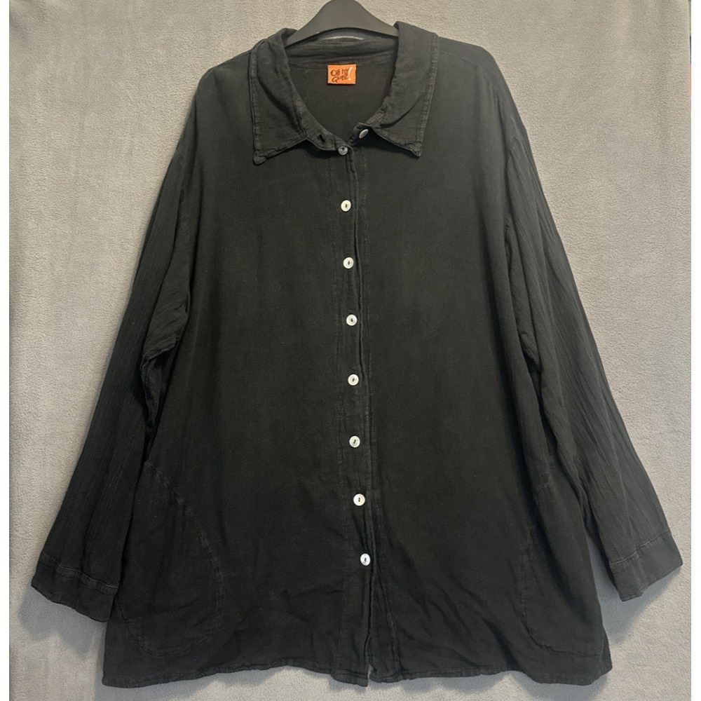 Oh My Gauze Button Up Collared Shirt Women Size 3 (XXL) Black Cotton Lagenlook